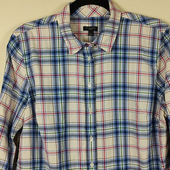 Talbot's Blue Plaid Button Front Shirt Long Sleeve Top Metallic Stripe Size LP - Picture 5 of 10